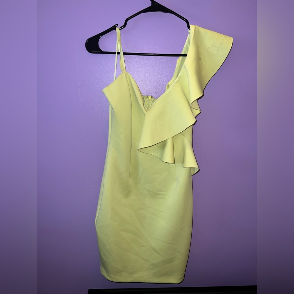 Off the shoulder, light green dress. With slight stretch